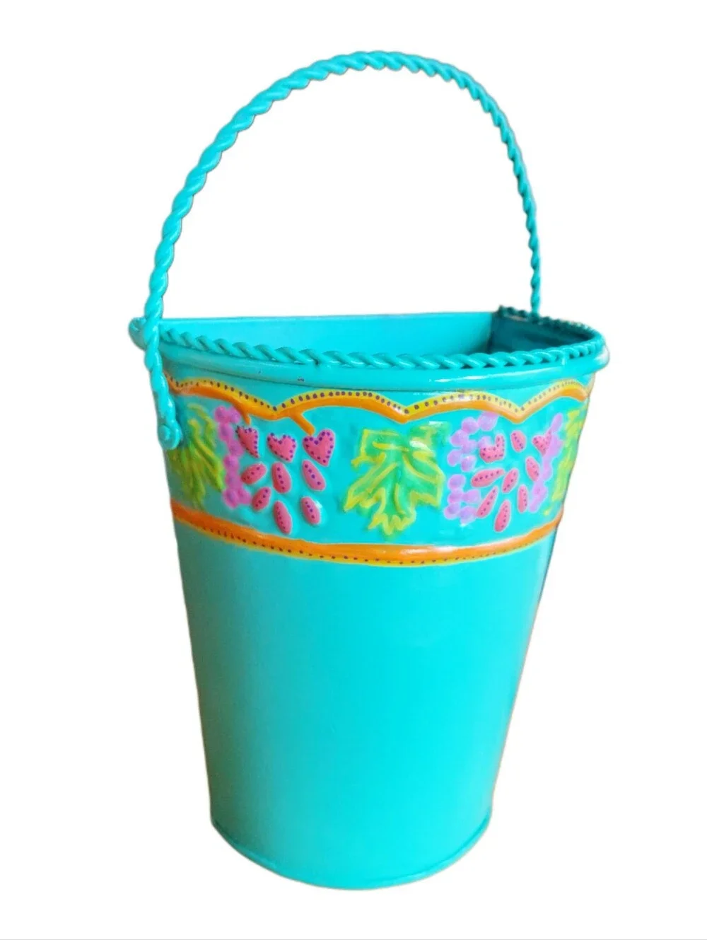Teal Hand Painted Upcycled Hanging Metal Planter Bucket